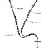LIYAPEI Rosary Necklace, Catholic Rosary Beads with Tiger Eye, Obsidian, and Hematite for Women and Men Triple Protection Necklace An Anxiety Relief Beaded Necklace. (Tiger Eye Red)
