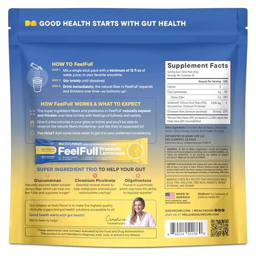 Daily Nouri FeelFull Prebiotic Fiber Drink Mix with Glucomannan & Chromium | for Natural Feeling of Fullness, Appetite & Cravings Support, Gut Microbiome & Metabolic Health | 30 Stick Packs