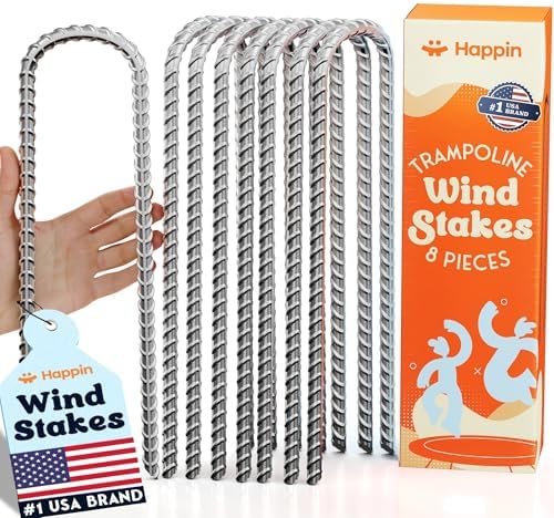 Happin® Ultra Strong Trampoline Stakes Anchors High Wind, Ground Anchors Heavy Duty, Trampoline Tie Down Anchor Kit, Ground Stakes Galvanized Steel, Trampoline Accessories, U Shaped (8 Pack, Silver)