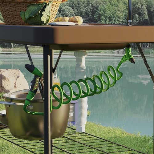 Outsunny Folding Fish Cleaning Table with Sink, Portable Camping Sink Station with Faucet, Drainage Hose, Sprayer and Grid Rack, Outdoor Fillet Table for Picnic Beach Patio, Tan