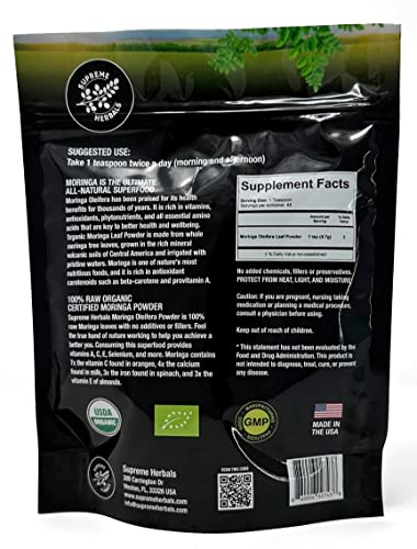 SUPREME HERBALS, 100% Raw and Pure Moringa Leaf Powder. Organic Certified Moringa Leaf. Natural Superfood with Essential Amino Acids, Antioxidants, and Omega 3, 8 oz Resealable Bag.