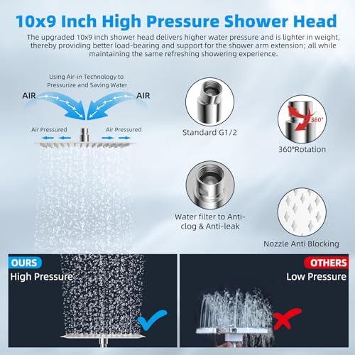 Hibbent All Metal Rain Shower Head, 10'' High Pressure Rainfall Square Showerhead with 16" Shower Head Extension Arm, Solid Brass Adjustable Shower Arm Extender, Waterfall fixed Showerheads, Chrome