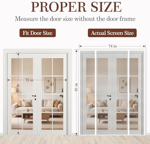 Yotache White Magnetic Screen Door Fit 72" x 80" Doors, Screen Size 74" x 81" Double Door Net Curtain for Sliding Door
