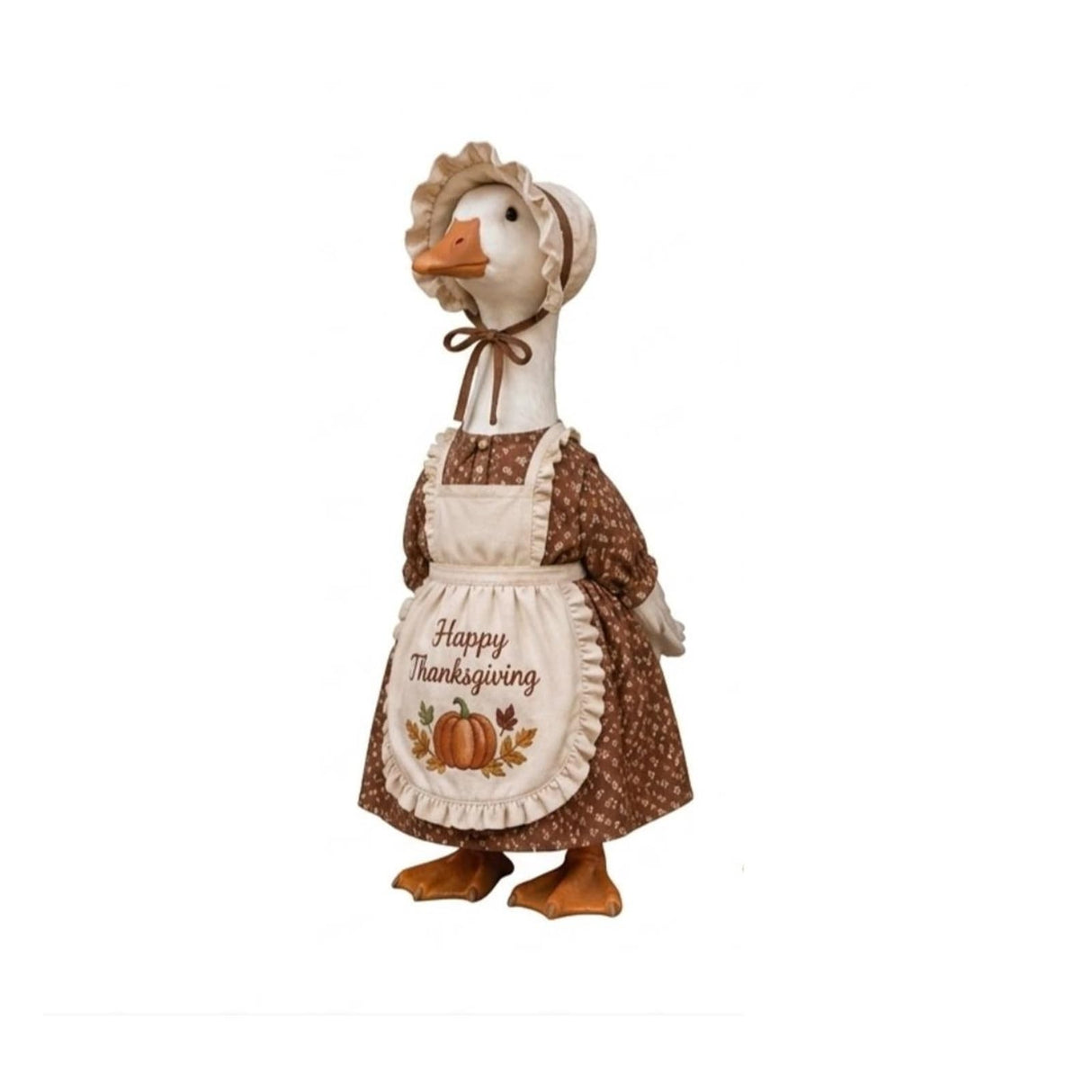 Thanksgiving Pilgrim Porch Goose Outfits Fits 23'' Lawn Goose Statue Fall Pumpkin Dress with ''Happy Thanksgiving'' Apron & Bonnet Costume for Autumn Yard, Patio Garden Decor (Brown, 23 inch)