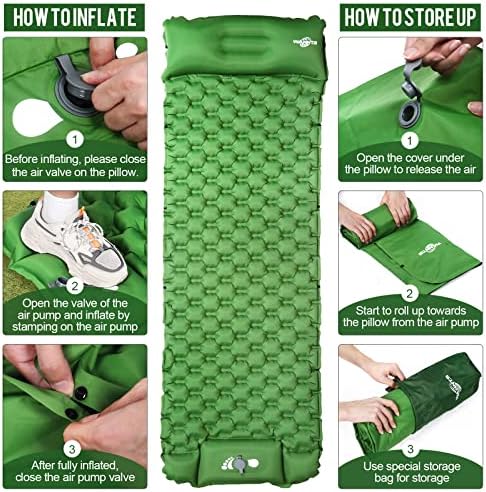 WANNTS Sleeping Pad, Ultralight Inflatable Sleeping Pad for Camping, Built-in Pump, Ultimate for Camping, Hiking - Airpad, Carry Bag, Repair Kit - Compact & Lightweight Camping Pad(Green)