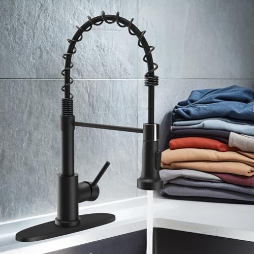 Kitchen Faucets with Pull Down Sprayer Commercial Industrial Stainless Steel Single Handle Single Hole Spring Farmhouse RV Sink Faucet, Matte Black Kitchen Faucet for Laundry Utility Room Sink