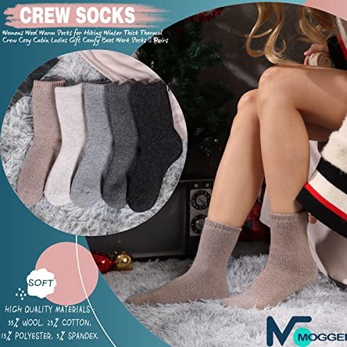 MOGGEI 5 Pairs Womens Merino Wool Socks Hiking Warm Winter Thick Thermal Crew Cozy Cabin Ladies Gift Comfy Boot Work Socks