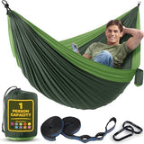 Durable Hammock 400 lb Capacity, Nylon Camping Hammock Chair - Double or Single Sizes w/Tree Straps and Attached Carry Bag - for Travel/Backpacking/Beach/Backyard (Medium, Forest Green & Lima Green)