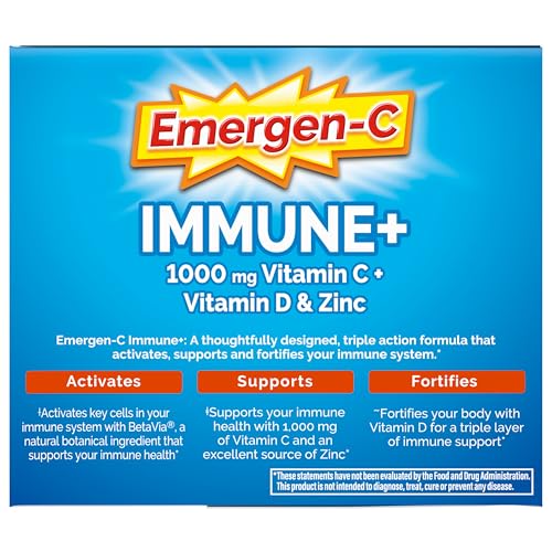 Emergen-C Immune+ Triple Action Immune Support Powder, BetaVia (R), 1000mg Vitamin C, B Vitamins, Vitamin D and Antioxidants, Super Orange – 50 Count