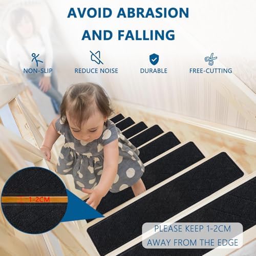 Stair Treads for Wooden Steps Indoor, 15 Pack 8" X 30" Non Slip Carpet Stair Treads with Reusable Adhesive for Kids Elders and Dogs, Surface Polyester TPR Backing Stair Rugs, Black