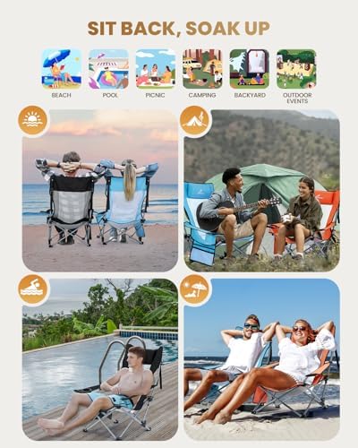 Sportneer Beach Chair: Adjustable Folding Chair with Cup Holder & Side Pocket - Portable & Compact Beach Chairs for Adults with Reclining Positions for Camping Picnic and Outdoor, Black