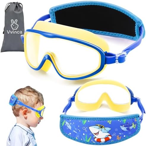 Vvinca Kids Swim Goggles for Age 2-8, Toddler-Goggles with Fabric Strap No Leak Pain-Free, Anti-Fog Goggles for Girls Boys