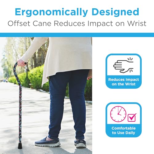 Designer Walking Cane with Offset Handle, Lightweight Adjustable Walking Stick with Carrying Strap,"Black w/Blue and Pink Flowers" Design, Black W/Blue and Pink Flowers