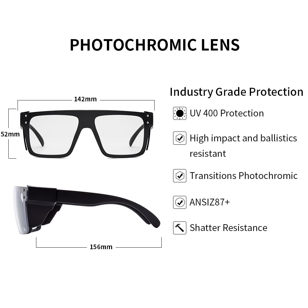 BINGKING UV400Transition Photochromic Safety Glases Light to Dark Grey Lenses ANSI Z87 Impact Approved Wraparound Style Frame (Black)