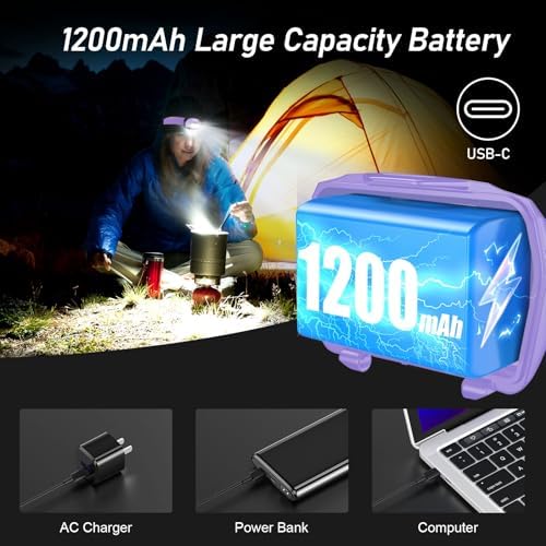 LED Headlamp,2000L Super Bright Rechargeable Headlight Flashlight with White&Red Light 2 Pack - Motion Sensor,Dimmable Brightness,8 Modes,Spotlight&Floodlight,IPX5 Waterproof for Camping-Purple