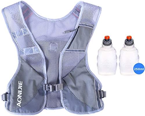 AONIJIE Men Women Ultralight Running Vest Pack Reflective Breathable Hydration Backpack for Hiking Camping Marathon Cycling Race (Gray- with 2 pcs 250ml Bottles)