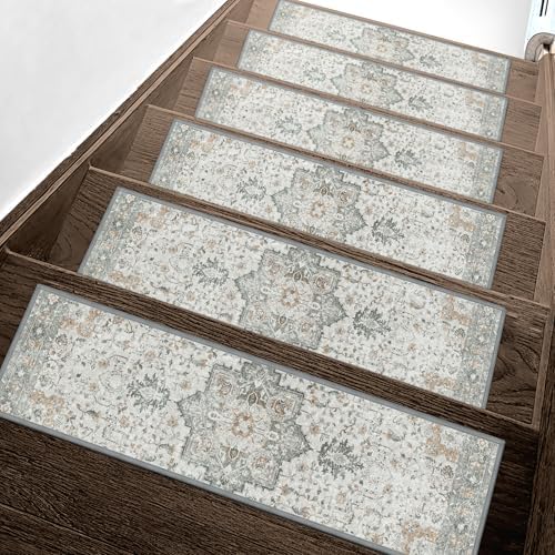 Carpet Stair Treads Non Slip 15PCS, 8" X 30" Edging Stair Runner for Wooden Steps Indoor, Resistant Stair Rugs with Reusable TPE Adhesive Backing, Residue Free Mat for Kids, Elders, Pets, Taupe