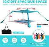 Beach Tent Sun Shelter UPF50+, 10x10 FT Family Beach Shade Canopy with 4 Aluminum Poles, Beach Blanket, Carrying Bag and Sand Shovel, Outdoor Pop Up Tent for Beach Camping Trips