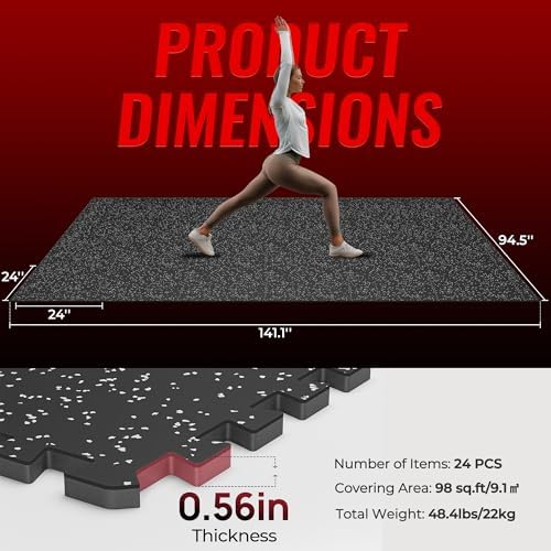 SUPERJARE 0.56'' Thick 24 Pcs 96 Sq Ft Rubber Top Exercise Equipment Mats, High Density EVA Foam Mats with Rubber Top, Interlocking Gym Flooring for Home Gym, Protective Workout Mat, Black/Grey