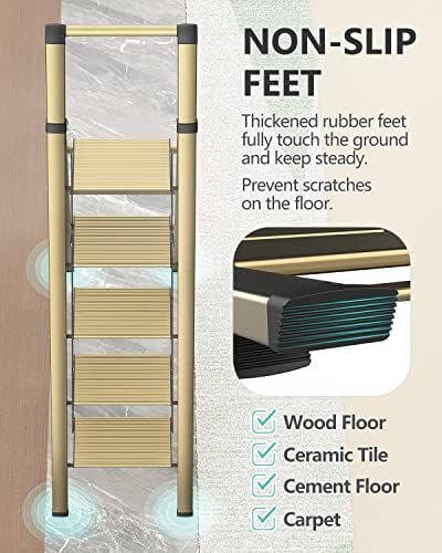 WOA WOA 5 Step Ladder, Ladders for Home, Anti-Slip Pedals, Aluminum Step Stool Foldable, Lightweight to Move, Ease of Storage, Reach 10ft for Closet Kitchen Library, Hold 300lbs - Gold
