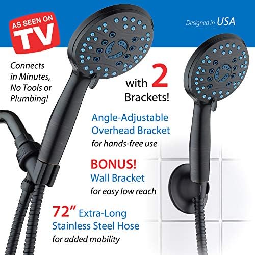 Hotel Spa AquaCare High Pressure 8-mode Handheld Shower Head, Anti-clog Nozzles - Built-in Power Wash to Clean Tub, Tile & Pets, Extra Long 6 ft. Stainless Steel Hose, Wall & Overhead Brackets