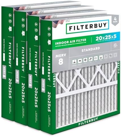 Filterbuy 20x25x5 Air Filter MERV 8 Dust Defense (4-Pack), Pleated HVAC AC Furnace Air Filters for Honeywell FC100A1037, Lennox X6673, Carrier, & More (Actual Size: 19.88 x 24.75 x 4.38 Inches)