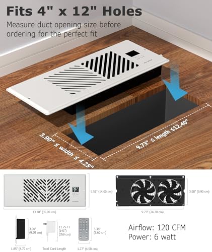 AirBlaze Z4, Quiet Register Booster Fan Fits 4”x12” Register Holes, Smart Vent Booster Fan with Thermostat & Remote Control, 10-Speed Control Heating Cooling AC Vent (White)