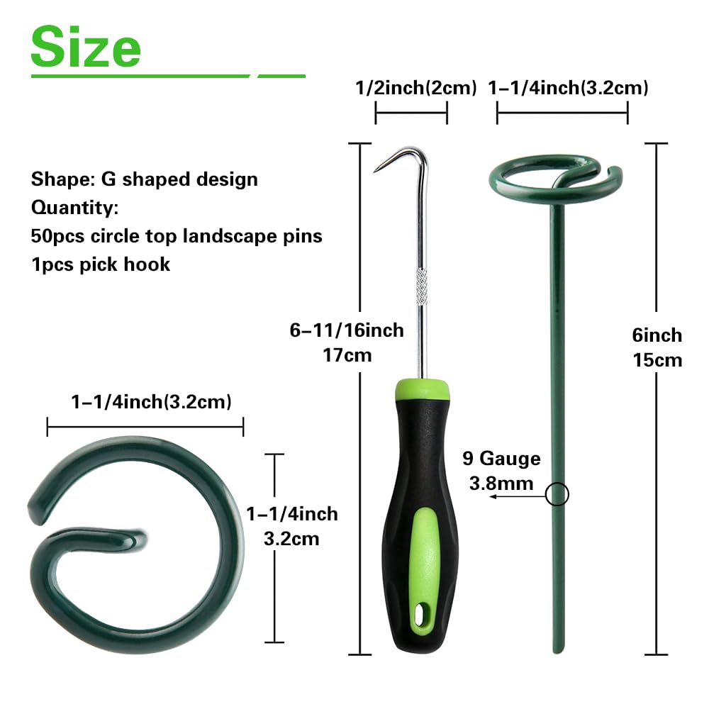 Bakulyor 50Pcs Circle Top Landscape Staples, 6 Inch Green Artificial Turf Stakes, 9 Gauge Landscape Fabric Pins, Heavy Duty Yard Lawn Spikes for Outdoor Soil Gardening Weed Barrier Sod Fabric - 6"