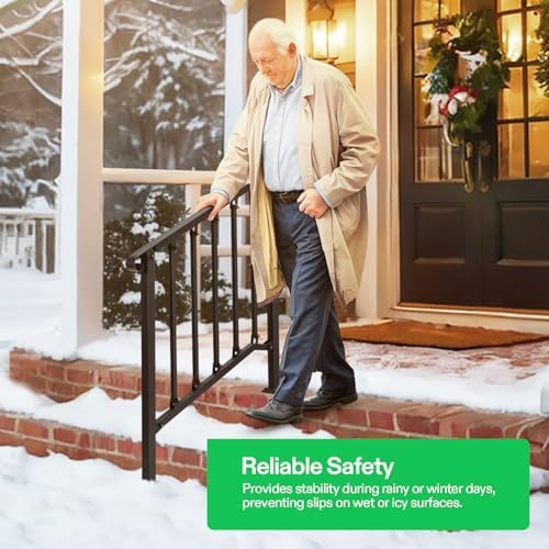 VIVOSUN Outdoor Handrail, 3 Step Stair Handrail, 40" x 36" Fits 1 to 3 Steps, Wrought Mattle Iron Stair Railing with Curved End and Balusters for Concrete Step, Porch Steps, One-Step Assembly, Black