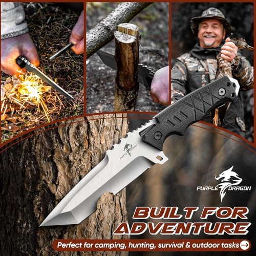 Purple Dragon Fixed Blade Knife with Kydex Sheath - D2 Steel Survival Knives for Camping, Bushcraft, Hunting - Ergonomic G10 Handle Outdoor Survival Gear Gift for Men(Black-T)