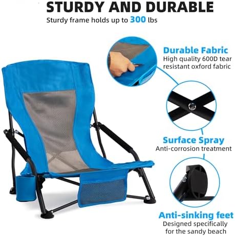 Outdoor Beach Chair for Adults Set of 2 PCS Portable Lightweight Low Back Sling Chair with Cup Holder, 300lbs Capacity Camping Chair for Patio, Lawn, Concert, Travel (Light Blue)