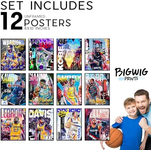 BigWig Prints Basketball Posters - Nba Posters, Basketball Room Decor, Nba Room Decor, Steph Curry, Kobe Bryant Wall Art, Kevin Durant, Lebron Wall Art, Warriors, Lakers - Unframed Set of 12 (8x10)