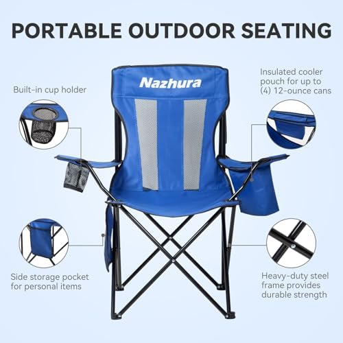 Nazhura 2 Pack Outdoor Camping Chairs Folding/Foldable/Portable with Cooler Pouch, Mesh Backrest and Cup Holder Pocket (Blue, 2 Pack)