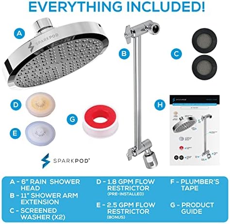 SparkPod Round Rain Shower Head with Extension Arm - Height Adjustable Shower Head with High Pressure Performance - Easy 1-Minute Installation (11" Arm Extension, Luxury Polished Chrome)