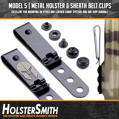 HolsterSmith Universal Metal Belt Clip for Holster Making - (Model 5) - (3-Hole) - (Tactical Black) - (w/SPTHA Mounting Hardware) - (2 Pack)