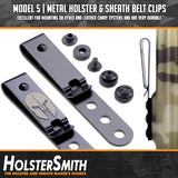 HolsterSmith Universal Metal Belt Clip for Holster Making - (Model 5) - (3-Hole) - (Tactical Black) - (w/SPTHA Mounting Hardware) - (2 Pack)