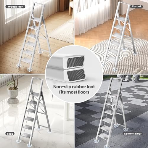 6 Step Ladder, Folding Step Stool with Handgrip and Anti-Slip Wide Pedal, Portable Lightweight Aluminum Stepladder for Kitchen, Home, Library, Office (300 lbs Capacity) - White