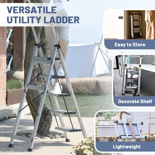 XinSunho 5 Step Ladder, Retractable Handgrip Folding Step Stool with Anti-Slip Wide Pedal, Aluminum Stool Ladders 5 Steps, 330lbs Safety Household Ladder