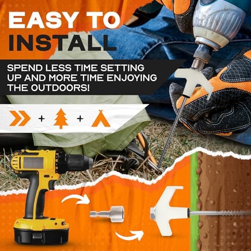 15-Pack 8" Heavy Duty Screw in Tent Stakes, Drill-In Ground Anchor Pegs, Includes Hex Head Driver & Storage Bag