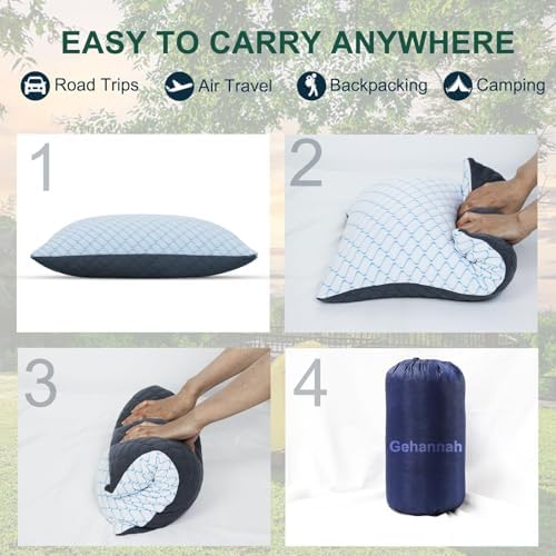 Gehannah Travel Pillow - Large 1 Pack Compressible Camping Pillow for Sleeping - Shredded Memory Foam with 2 Storage Bags - Supportive for Adults, Kids, Outdoor, Backpacking, Hiking Gear