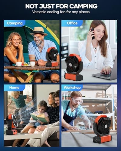 kejector Portable Camping Fan Rechargeable - 23000mAh 3-in-1 Battery Powered Fan with LED Lights, USB C, Auto Oscillating Portable Fan for Tents, Travel, BBQ, Fishing, Home, Office, Camper Essentials