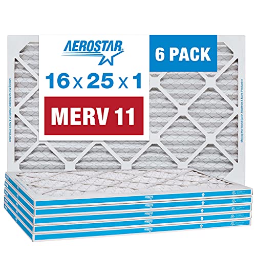 Aerostar 16x25x1 MERV 11 - 6 Count - Pleated HVAC, Furnace & Air Conditioner Filters - Removes Dust, Cold & Flu Germs, Lint, Mold, Pet Dander, Allergy-Causing Pollen, Smog & Smoke