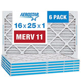 Aerostar 16x25x1 MERV 11 - 6 Count - Pleated HVAC, Furnace & Air Conditioner Filters - Removes Dust, Cold & Flu Germs, Lint, Mold, Pet Dander, Allergy-Causing Pollen, Smog & Smoke