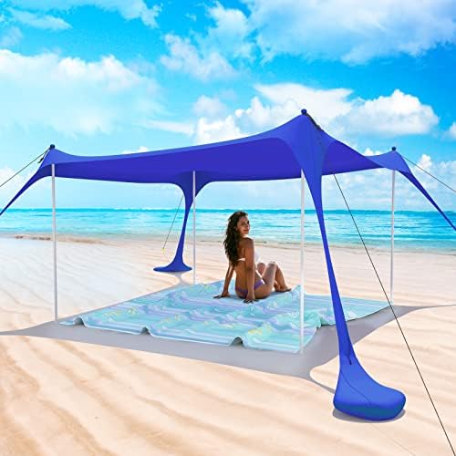 Beach Tent Pop Up Shade Canopy Sun Shelter UPF50+ with 4 Stability Poles/Carry Bag/Ground Pegs/Sand Shovel/Windproof Ropes Portable Outdoor Family Sunshade for Beach Camping(Navy Blue,10×10FT)