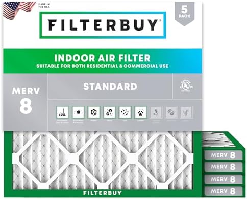 Filterbuy 20x20x1 Air Filter MERV 8 Dust Defense (5-Pack), Pleated HVAC AC Furnace Air Filters Replacement (Actual Size: 19.50 x 19.50 x 0.75 Inches)