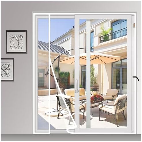 MAGZO Magnetic Screen Door White 72'' x 80'', Reversible Left Right Side Opening, Upgraded Polyester Scratch-Proof, Mesh Net for Sliding Glass/Single/Patio/French Doors with Adhesive-Hook&Loop to Hang