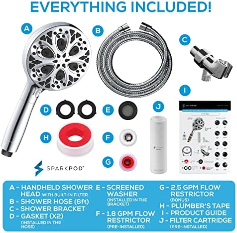 SparkPod 10-Mode Handheld Shower Head with Filter - 5" High Pressure Filtered Shower Head with Touch-to-Clean Nozzles, Built-In Power Jet, Stainless Steel 6ft Hose & Bracket (Polished Chrome)