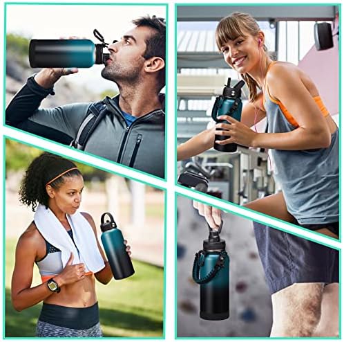 32/40/64/128 oz Insulated Water Bottle with straw & Spout Lids Keep Cold 48H Hot 24H, Large Water Flask Bottle with Shoulder Carrier Bag, Paracord Handle & Boot for Gym, Workout & Beach