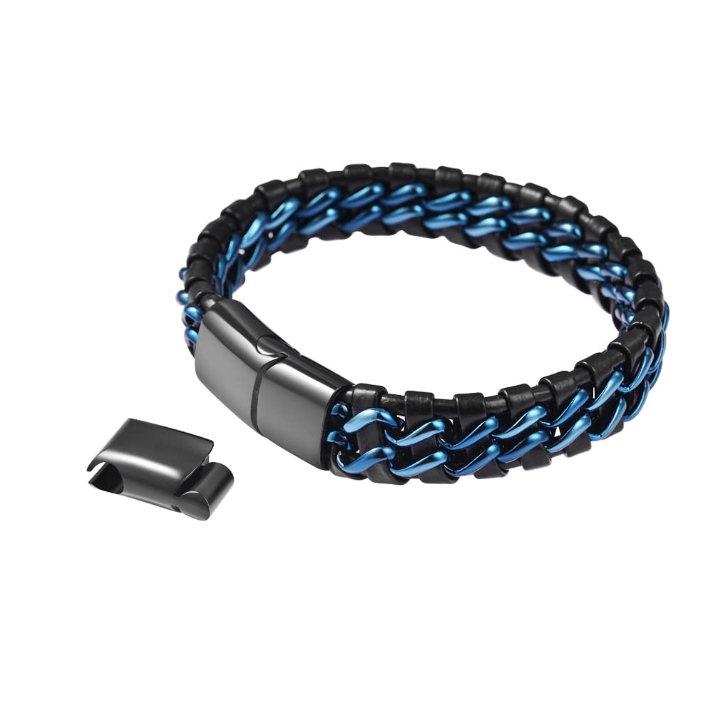 Magna Steel Men's Braided Genuine Leather Link Steel Chain Bracelet (Blue)