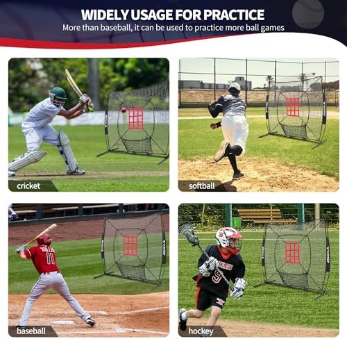 BAGAIL 7x7 ft Baseball & Softball Practice Net with Bow Frame for Batting, Hitting, Pitching, Portable Baseball Throwing Net with 2 Strike Zone Batting Tee, Carry Bag, Great for All Levels